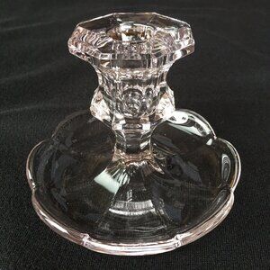 Clear Art Glass Candlestick Holder Flower Petal Fluted Base Hexagonal Top Vtg